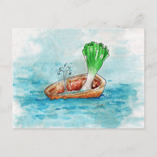Leek i en båt med Leak Funny Pun Vykort