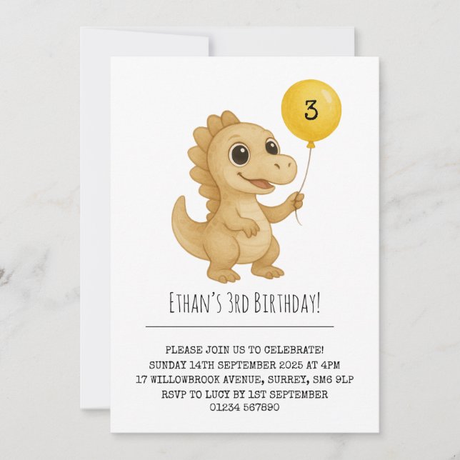Leende Beige Dinosaur Gul Ballong Födelsedag Inbjudningar (Framsida)