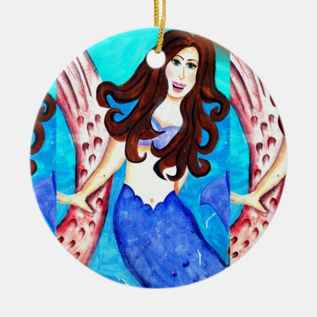 leende brunette-sjöjungfru julgransprydnad keramik (Framsidan)