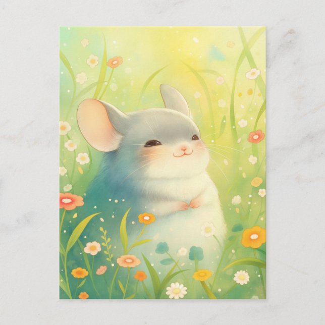 Leende chinchilla i solig äng med vilda blommor vykort (Framsida)