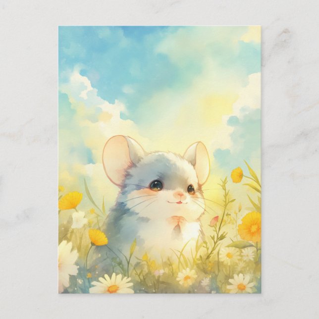 Leende chinchillababbe i äng med gula blommor vykort (Framsida)