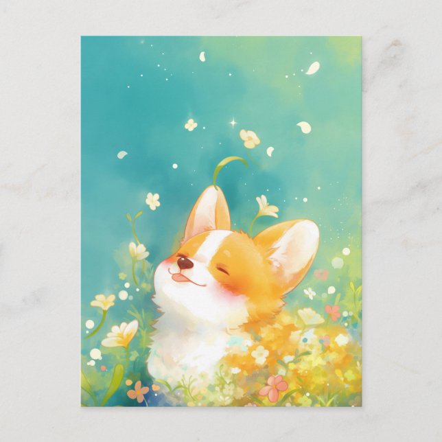 Leende Corgi-valp i solig gul blomsteräng Vykort (Framsida)