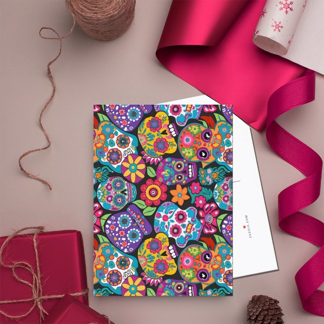 Leende Dödskallar Skelett Trädgårdsmästare Meddelande Vykort (#smilingsugar #SugarSkulls #floralskulls #colorfulskulls #colorfulflowers #mexicansmiling #mexicanda)