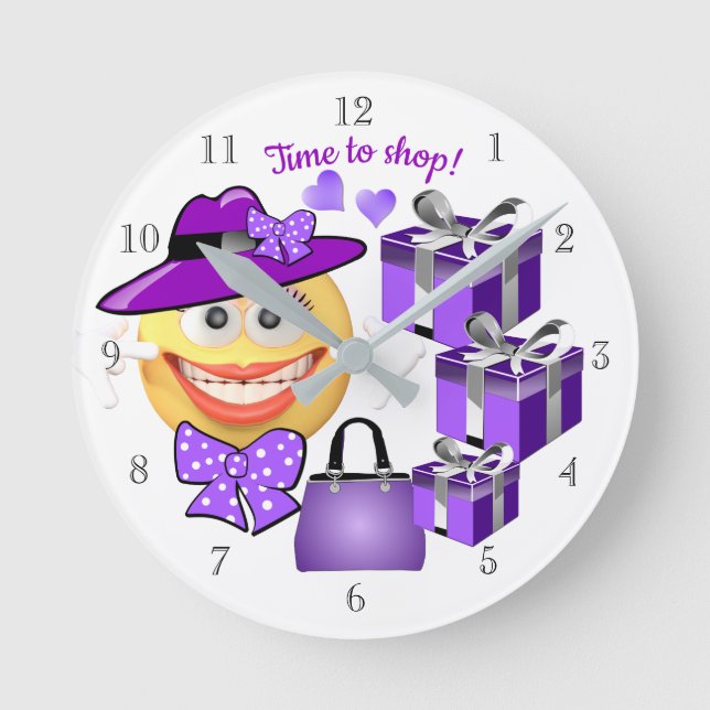 Leende Emoji med Shopping, dags att handla Rund Klocka (Framsida)