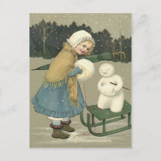 Leende flicka Snömannens släde Snö Skog Vykort
