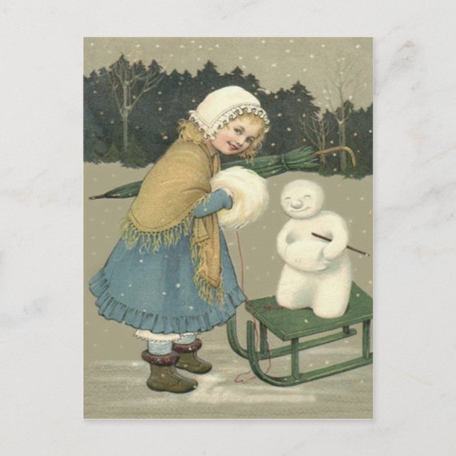 Leende flicka Snömannens släde Snö Skog Vykort (Framsida)
