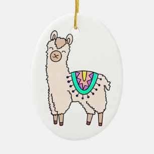 leende glad lama alpacka tecknad djur teckning julgransprydnad keramik