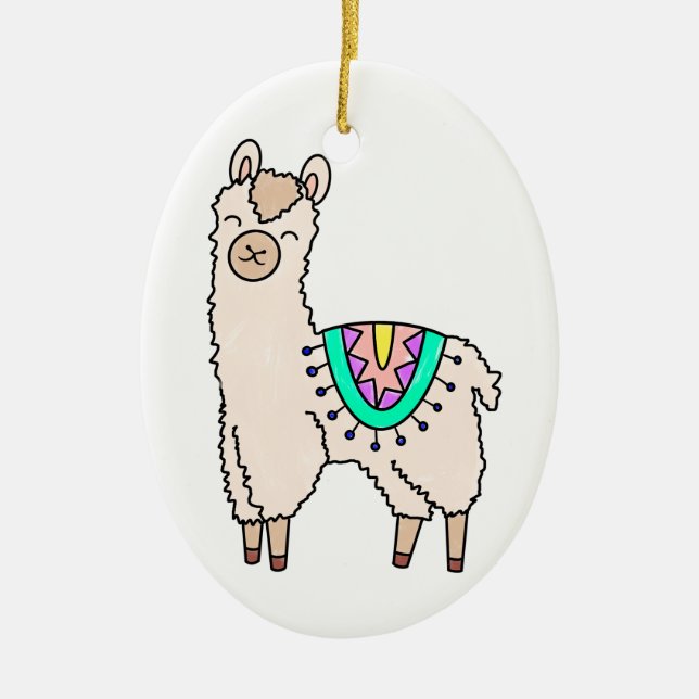 leende glad lama alpacka tecknad djur teckning  julgransprydnad keramik (Framsidan)