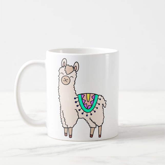 leende glad lama alpacka tecknad djur teckning  kaffemugg (Vänster)