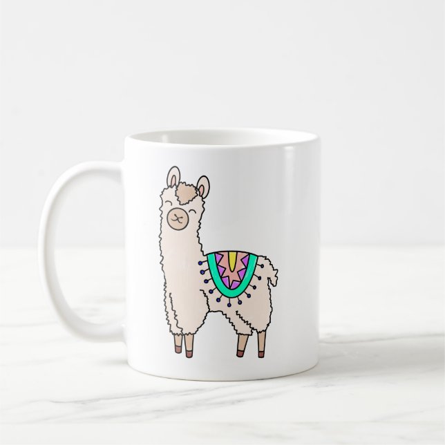 leende glad lama alpacka tecknad djur teckning  kaffemugg (Vänster)