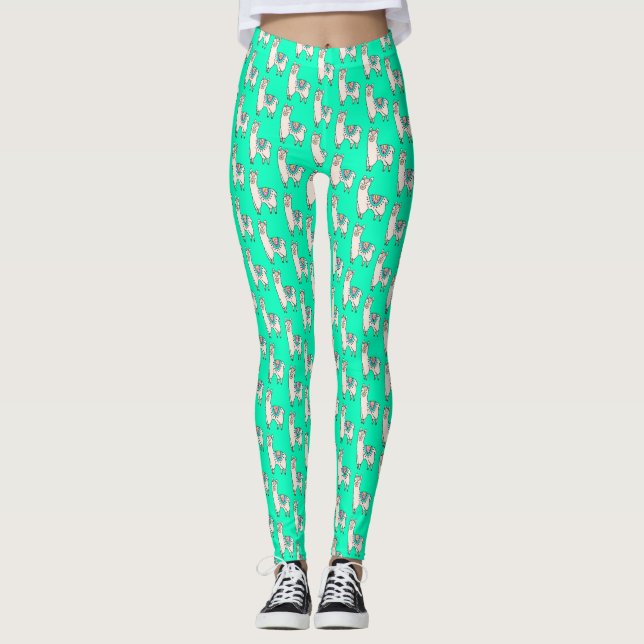 leende glad lama alpacka tecknad djur teckning  leggings (Framsida)
