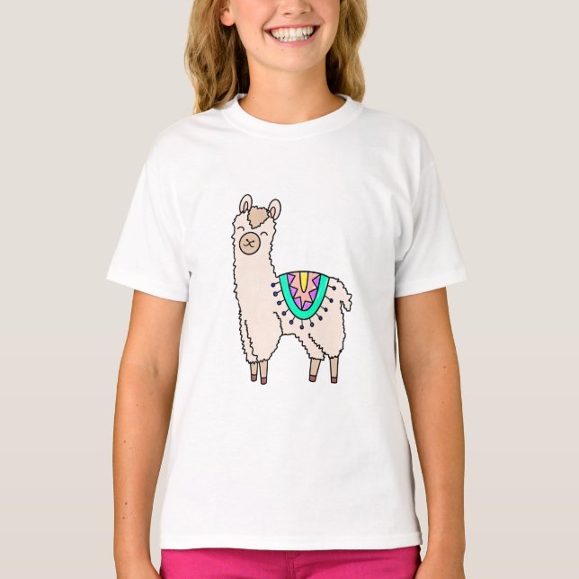 leende glad lama alpacka tecknad djur teckning  t shirt (Framsida)