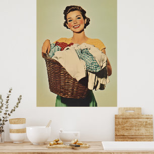 Leende hustru med Tvätt Basket Poster