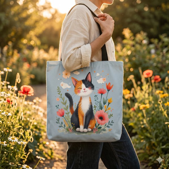 Leende kalikotkat i blommande trädgård tygkasse (Smiling Calico Cat in Blooming Garden Tote Bag)