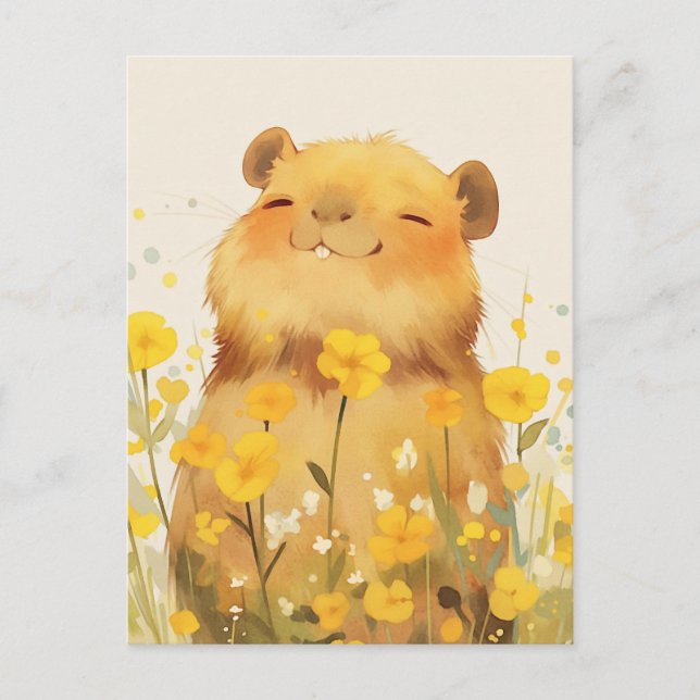 Leende Kapybara i solig gul äng med vilda blommor Vykort (Framsida)