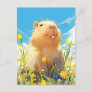Leende Kapybara i solig gul äng med vilda blommor Vykort
