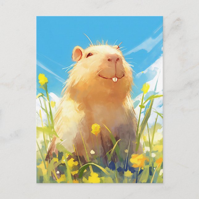 Leende Kapybara i solig gul äng med vilda blommor Vykort (Framsida)