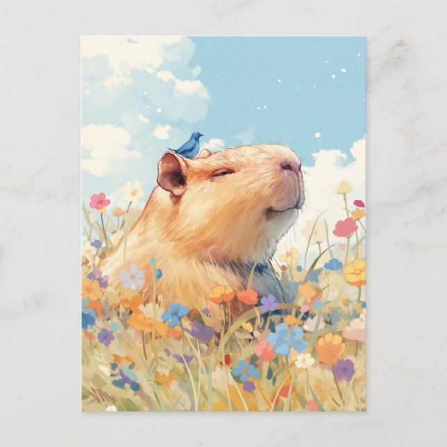 Leende Kapybara med blå fågel i blomsteräng Vykort (Framsida)