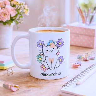 Leende katt med blommor monogram  kaffemugg