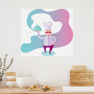 Leende kock med mustasch och serveringsfat poster