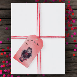 Leende kuslig trasdocka svart hjärta rosa röd presentetikett