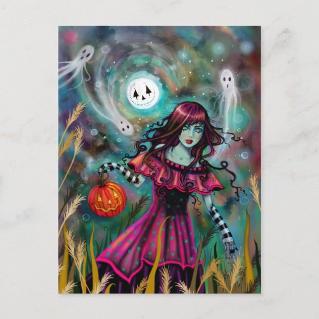 Leende Mån Halloween Fantasykonst av Molly H Vykort (Framsida)