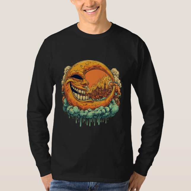 Leende måne brinnande stad långärmad t shirt (Framsida)