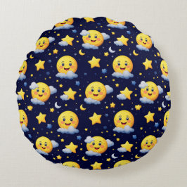 Leende måne och stjärnor med moln på natthimlen rund kudde