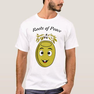 Leende oliv T-shirt med "Roots of Peace" text.