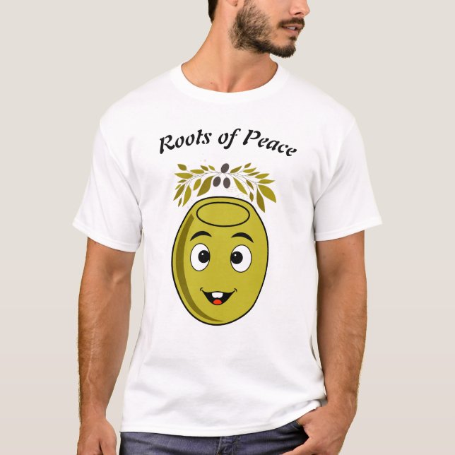 Leende oliv T-shirt med "Roots of Peace" text. (Framsida)
