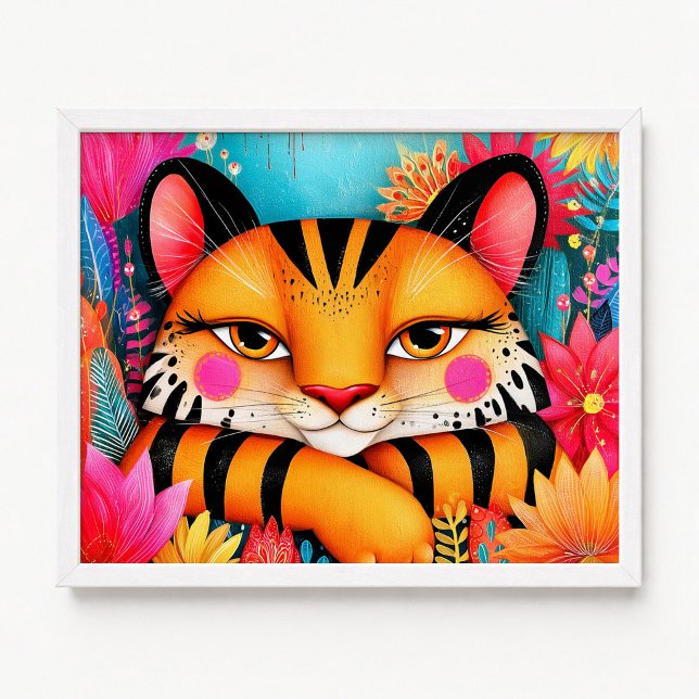 Leende rosa blommig orange tiger-målning poster (Smiling Pink Floral Orange Tiger Painting Poster)