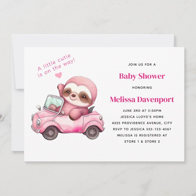 Leende rosa sengångare på baby shower i cabriolet inbjudningar (Framsida)