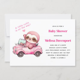 Leende rosa sengångare på baby shower i cabriolet inbjudningar