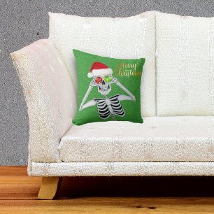 Leende Skeleton Holding Ornaments till Ögon Grönt Kudde