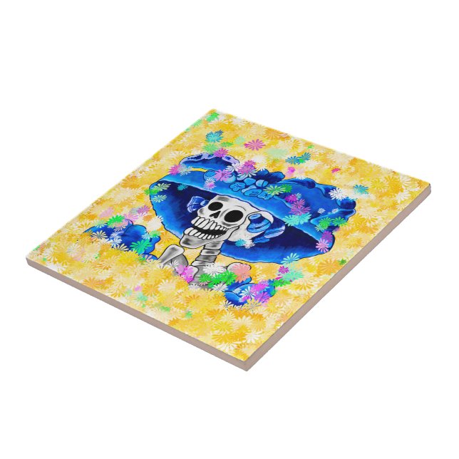 Leende Skelettkvinna Dia De Los Muertos Kakelplatta (Sidan)