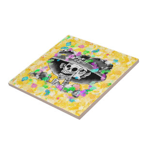 Leende Skelettkvinna Dia De Los Muertos Kakelplatta