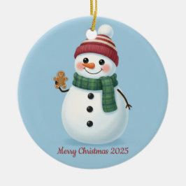Leende Snöman med Beanie Söt Jul 2025 Julgransprydnad Keramik