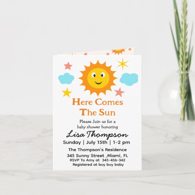 Leende solsken Här kommer solen Baby Shower  Inbjudan (Framsida)