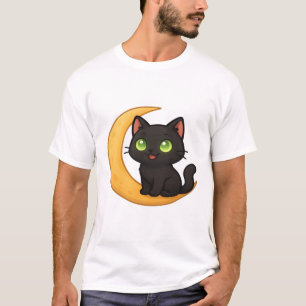 Leende svart katt med lysande gröna ögon sittande  t shirt