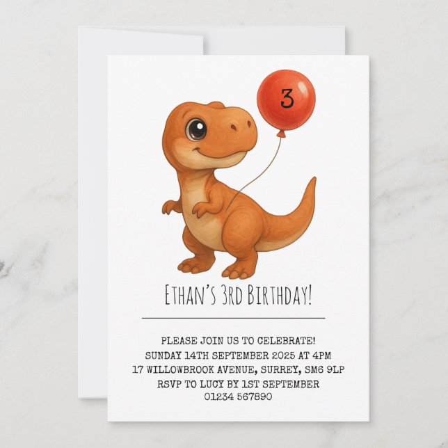 Leende T-Rex med Red Balloon Birthday Inbjudningar (Framsida)