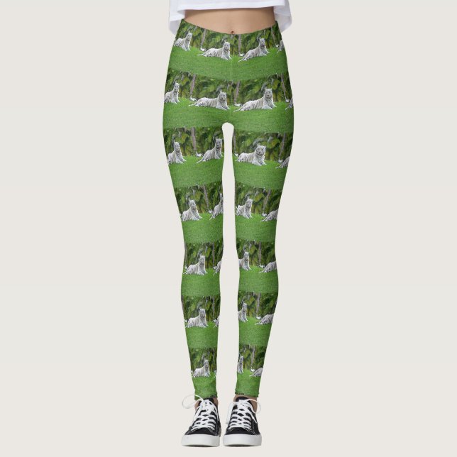 Leende Vit Tiger Grön Äng Kakel Leggings (Framsida)