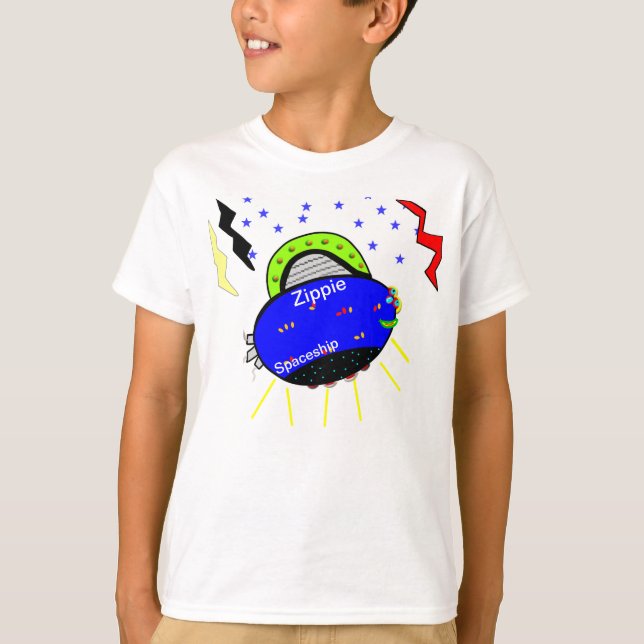 Leende Zippie Blue Fish Spacesship och Stars T Shirt (Framsida)