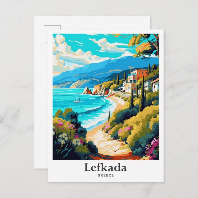 Lefkada Greece Travel Potrait Illustration Vykort (Fram/baksida)