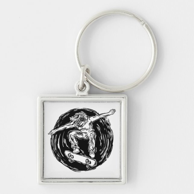 Legendär Skater som utför Skateboarding mitt Luft Fyrkantig Silverfärgad Nyckelring (Framsidan)