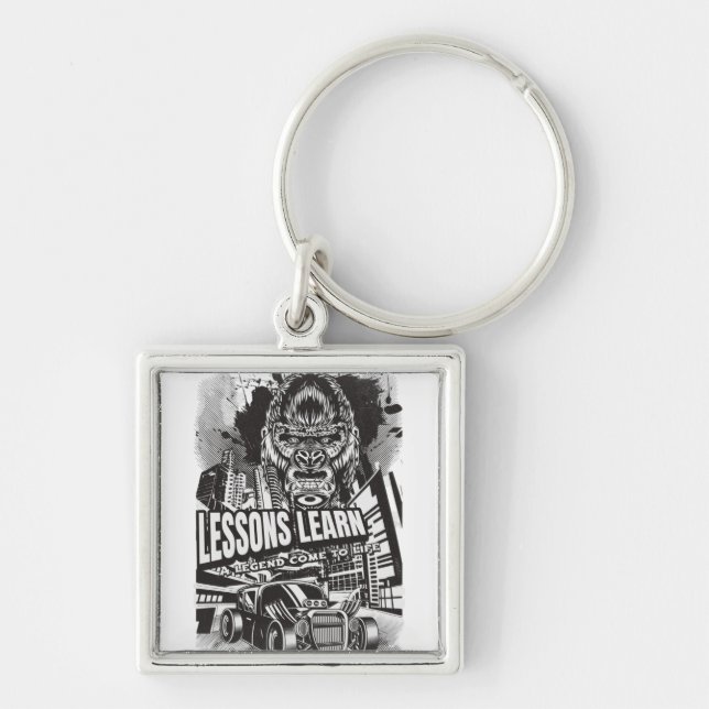 Legendary Gorilla Lessons Learn Keychain Fyrkantig Silverfärgad Nyckelring (Framsidan)
