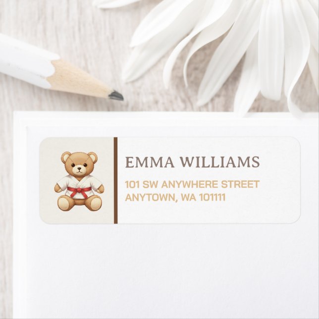 Legendary Red Belt Judo Bear – Baby Shower Returadress Etikett (Insitu)