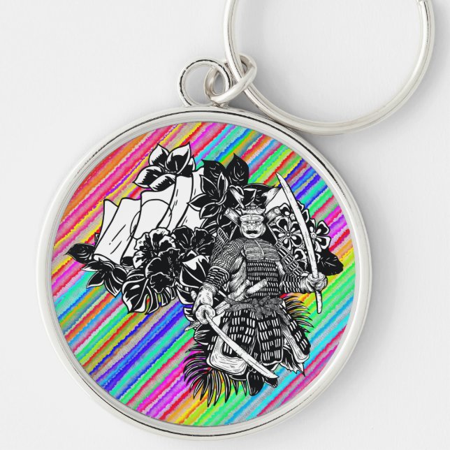 Legendary Samurai Warrior med Katana Design Rund Silverfärgad Nyckelring (Framsidan)