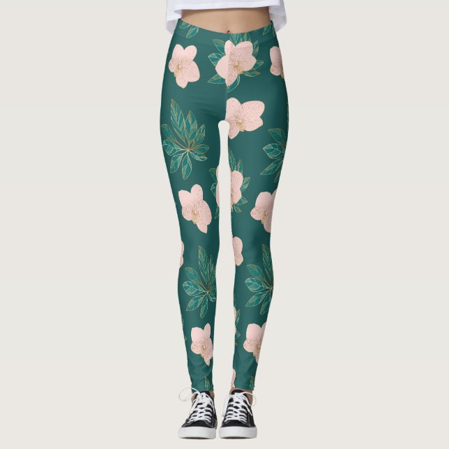 Leggingkvinna med löv guld och rosa leggings (Framsida)