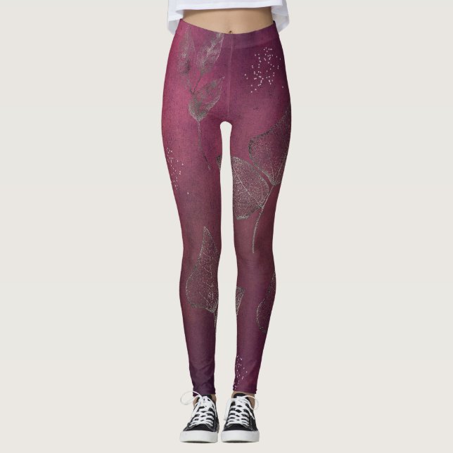 Leggings för tranberry & Faux Silver Lövs (Framsida)