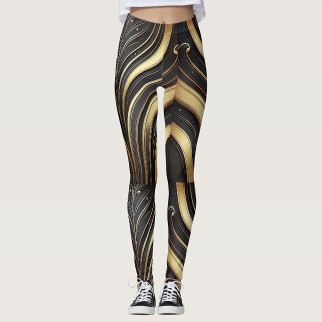 Leggings i Luxury Black & Guld Abstrakt (Framsida)